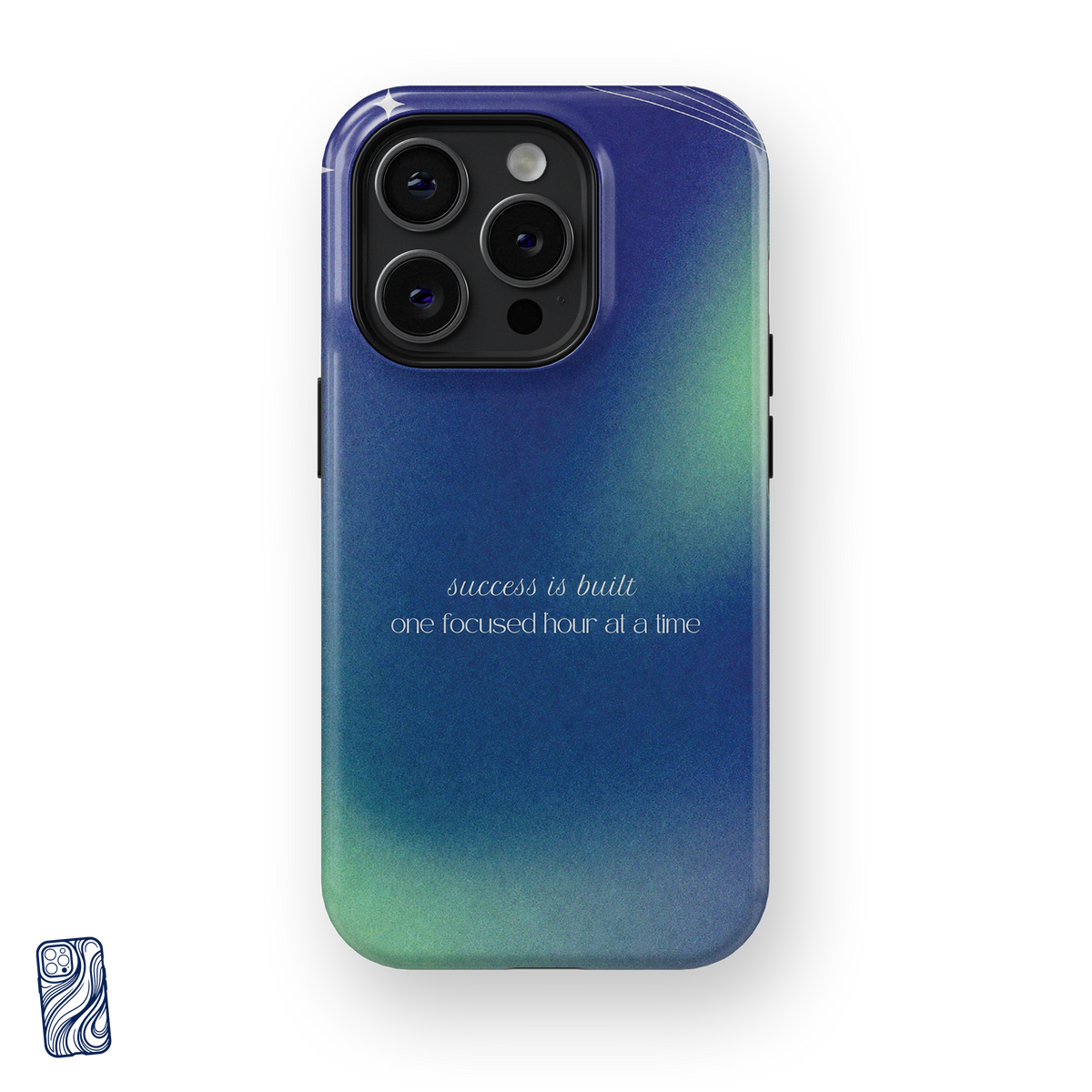 One Focused Hour Cosmic Teal premium iPhone case in deep blue and teal with the affirmation Success is built one focused hour at a time