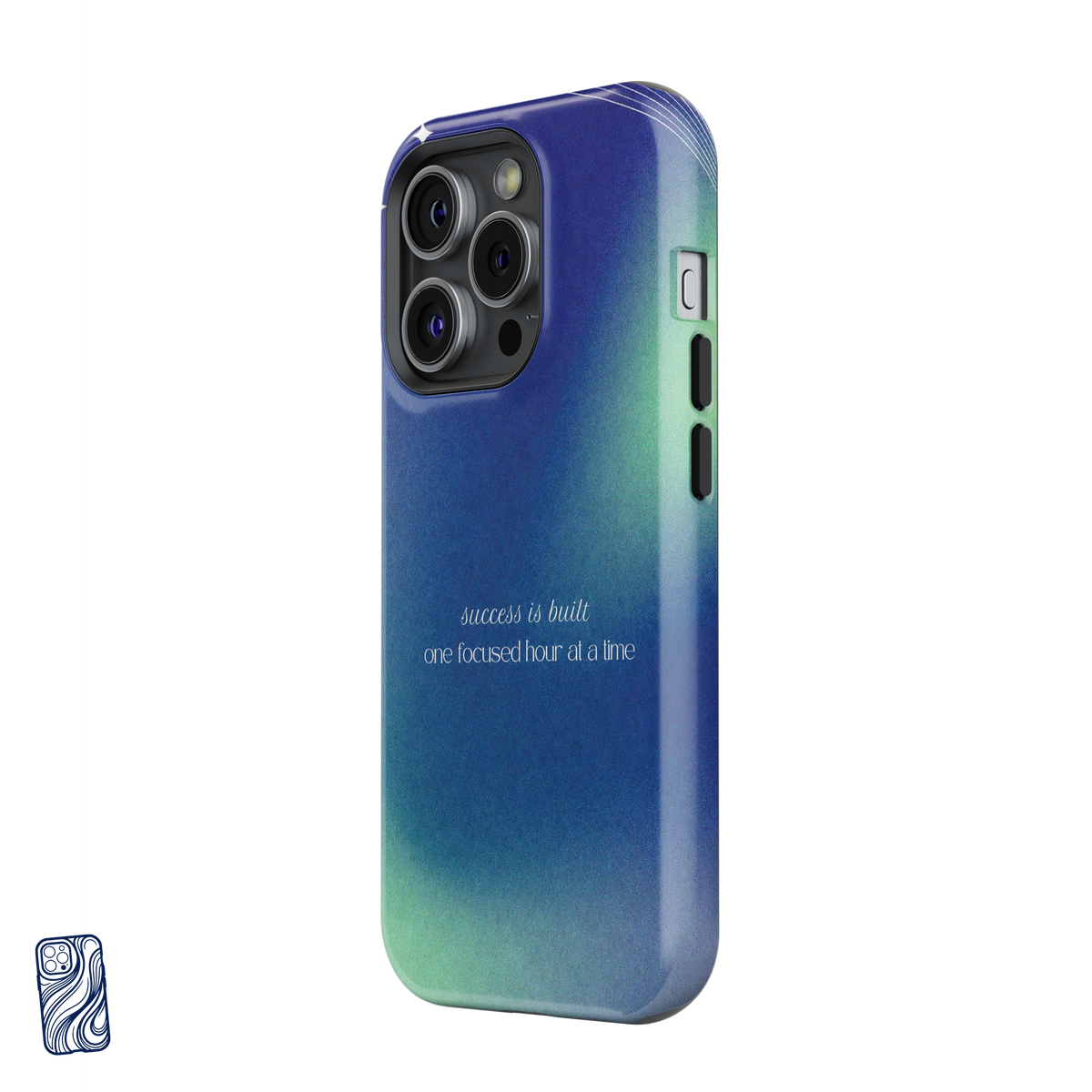 One Focused Hour Cosmic Teal premium iPhone case shown from the side with camera and button protection