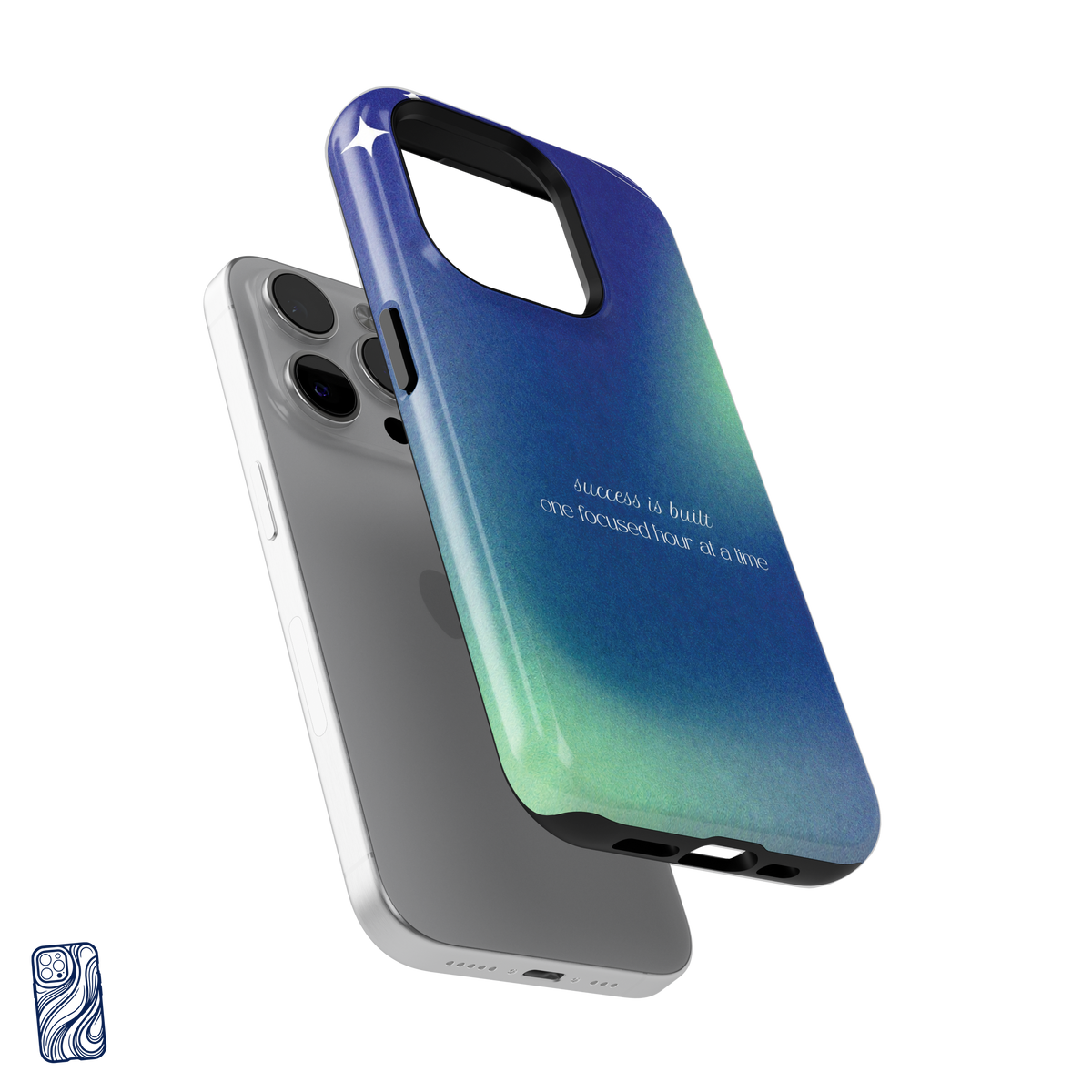 One Focused Hour Cosmic Teal premium iPhone case shown separated from the phone with reinforced camera frame