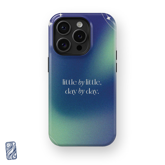 Little by Little Cosmic Mint premium iPhone case with the affirmation Little by little day by day