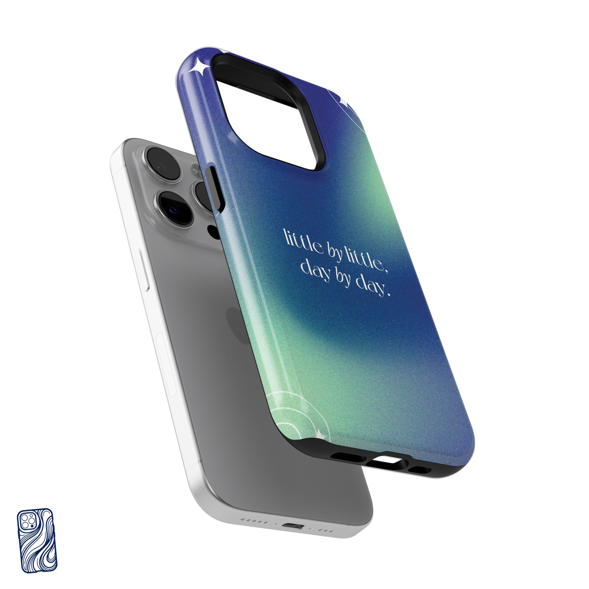 Little by Little Cosmic Mint premium iPhone case separated from the phone with reinforced camera frame