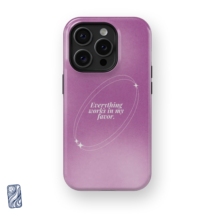 Everything Works in My Favor Cosmic Rose premium iPhone case front view with celestial affirmation