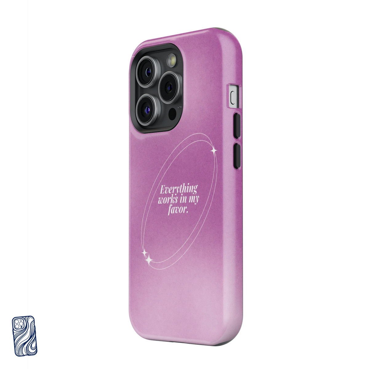 Everything Works in My Favor Cosmic Rose premium iPhone case side view showing camera and button protection