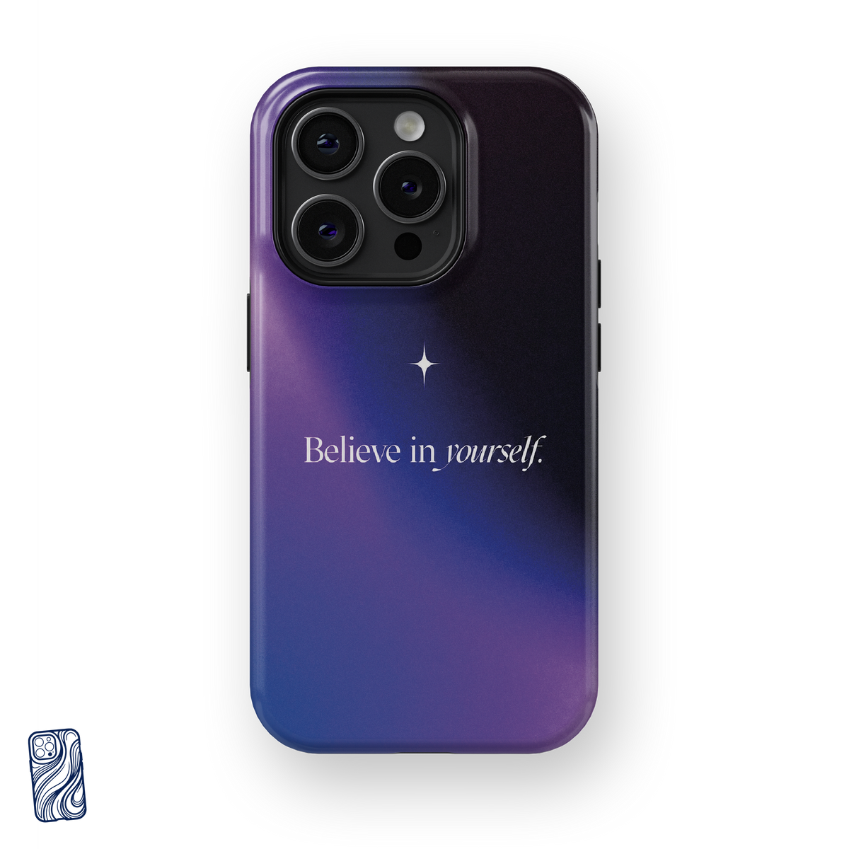 Believe in Yourself Cosmic Midnight premium iPhone case front view with affirmation