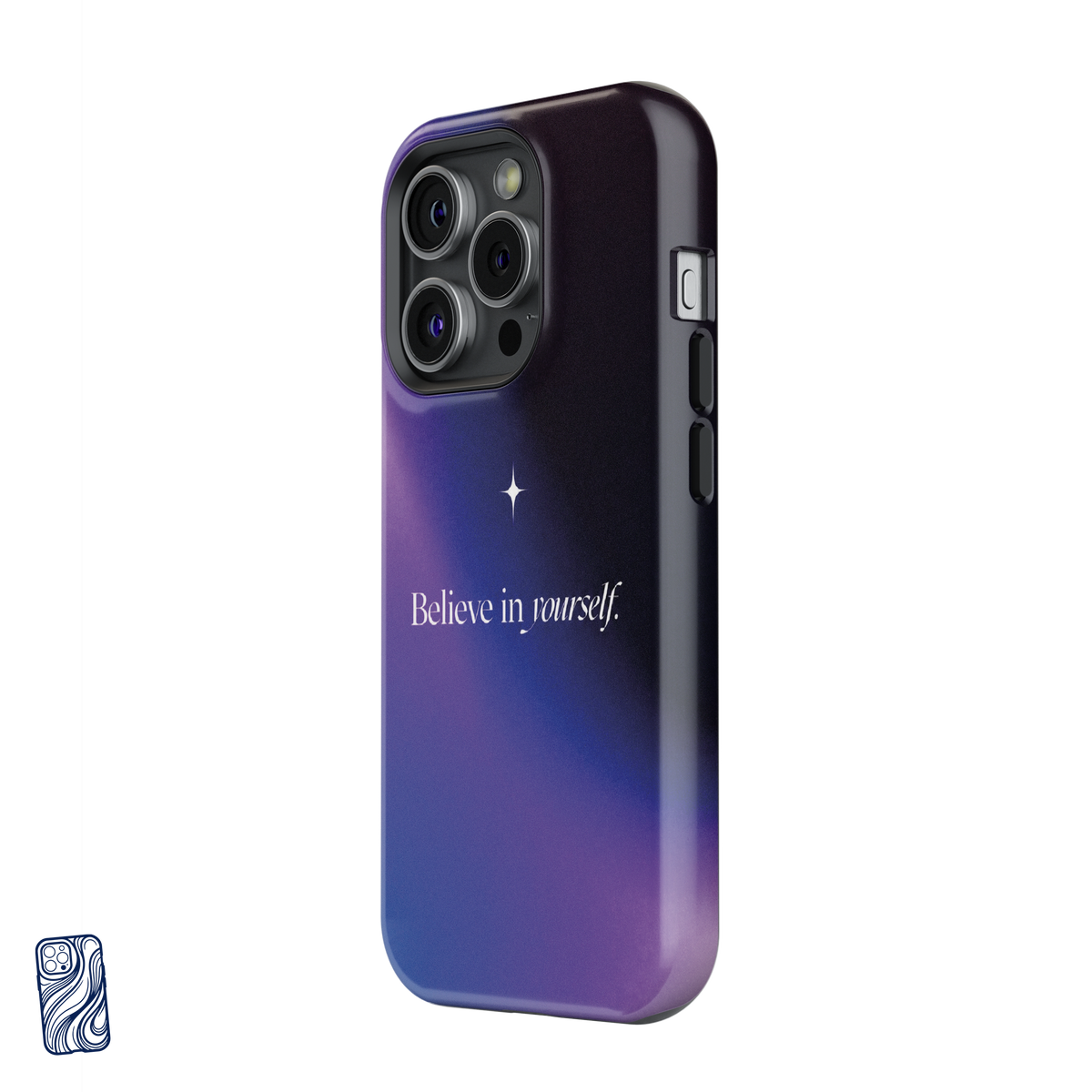Believe in Yourself Cosmic Midnight premium iPhone case side view showing camera and button protection