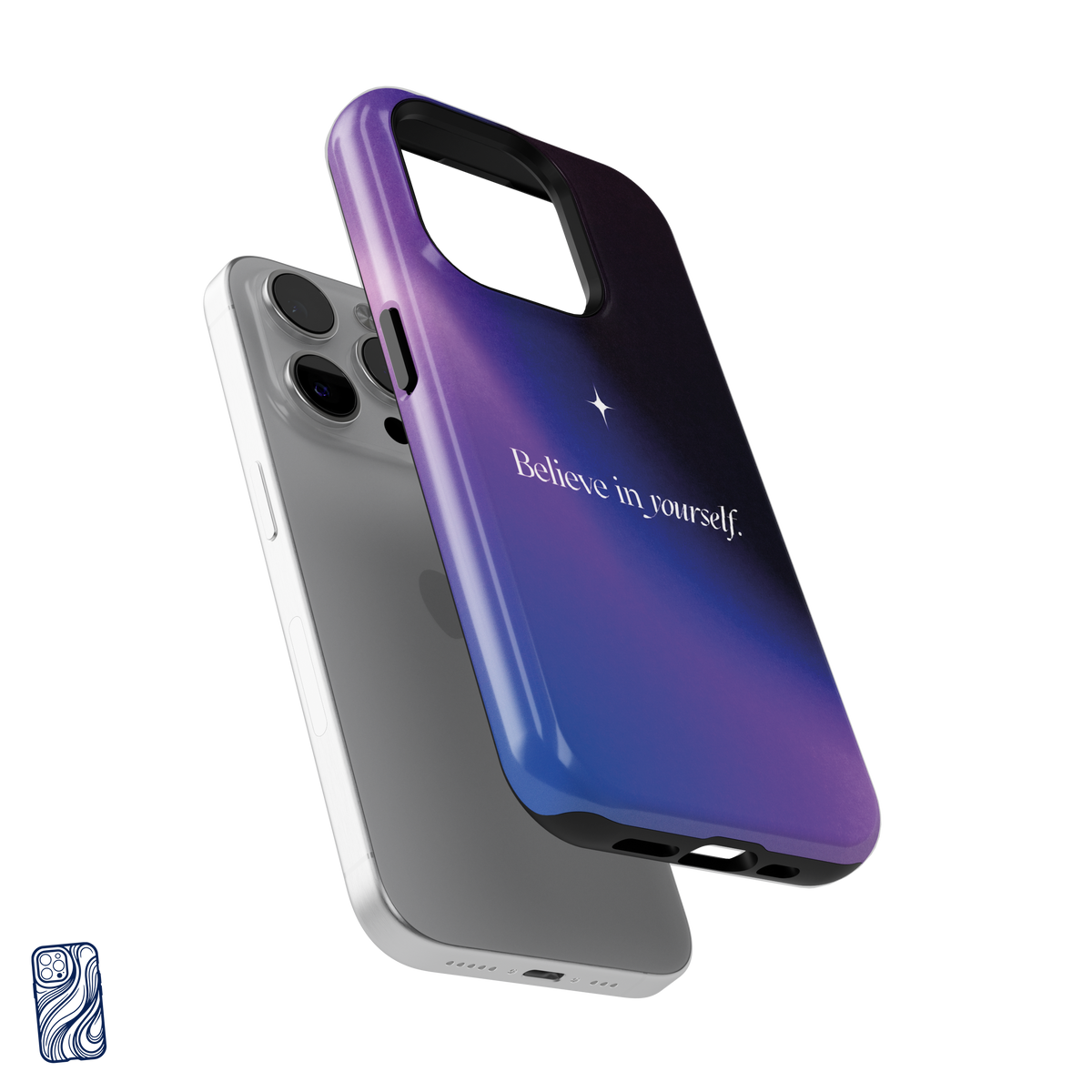 Believe in Yourself Cosmic Midnight premium iPhone case separated from the phone with reinforced camera frame