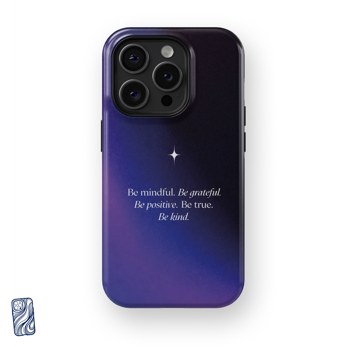Be Mindful Cosmic Midnight premium iPhone case front view with mindful grateful positive true and kind affirmation
