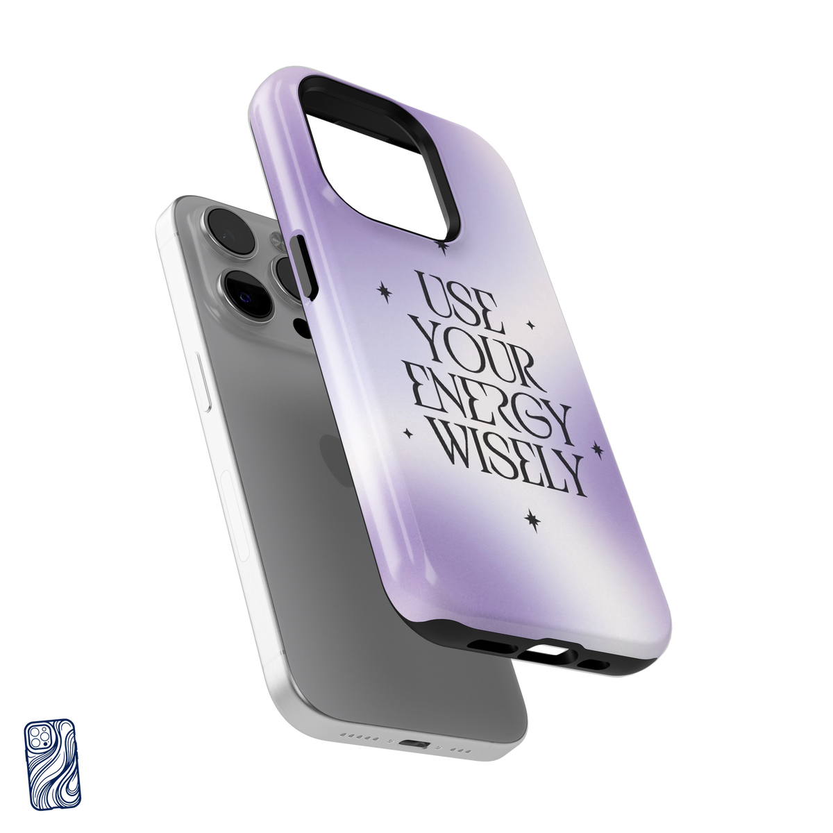 Use Your Energy Wisely Cosmic Pearl premium iPhone case separated from the phone with reinforced camera frame