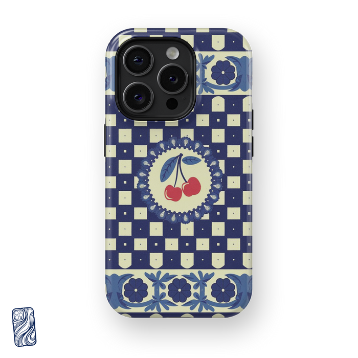 Dolce Cherry Mediterranean Blue premium iPhone case with ivory geometric pattern, floral borders and red cherry artwork by CoverShell.