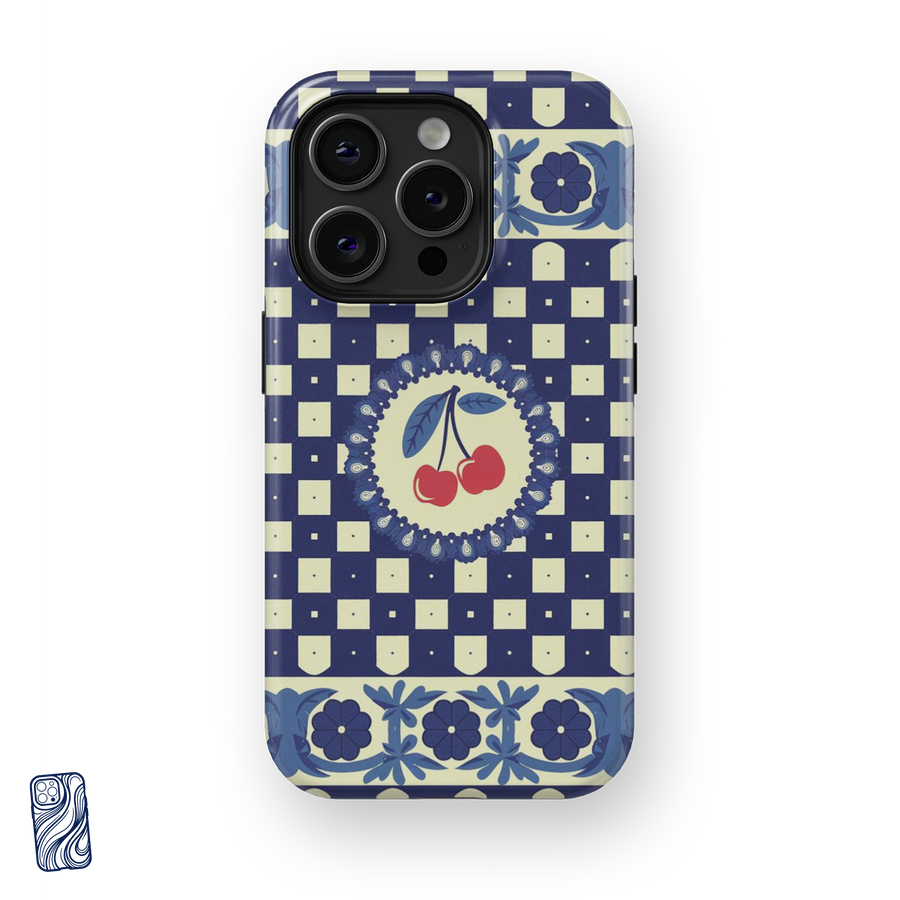Dolce Cherry Mediterranean Blue premium iPhone case with ivory geometric pattern, floral borders and red cherry artwork by CoverShell.