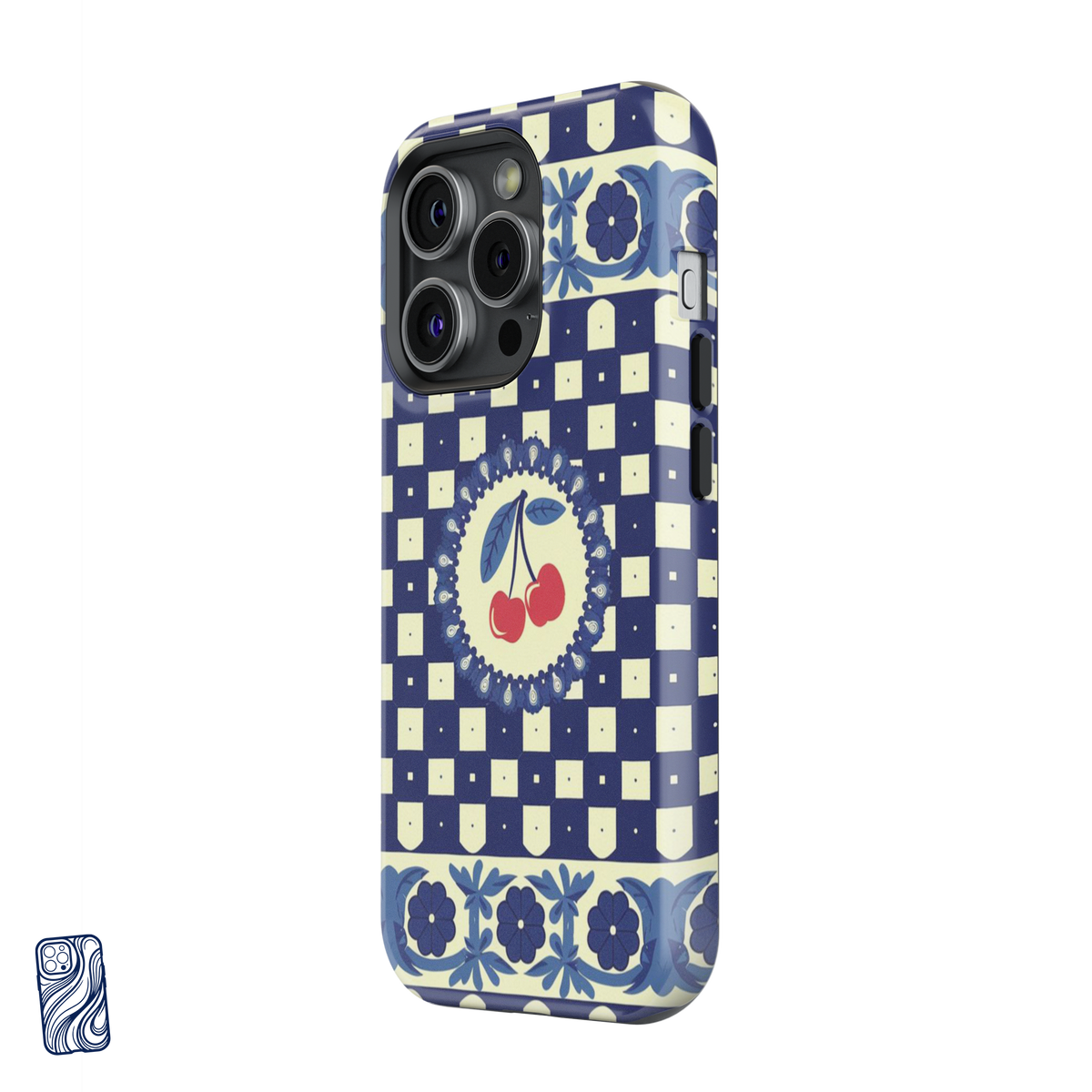 Dolce Cherry Mediterranean Blue premium iPhone case with ivory geometric pattern, floral borders and red cherry artwork by CoverShell.