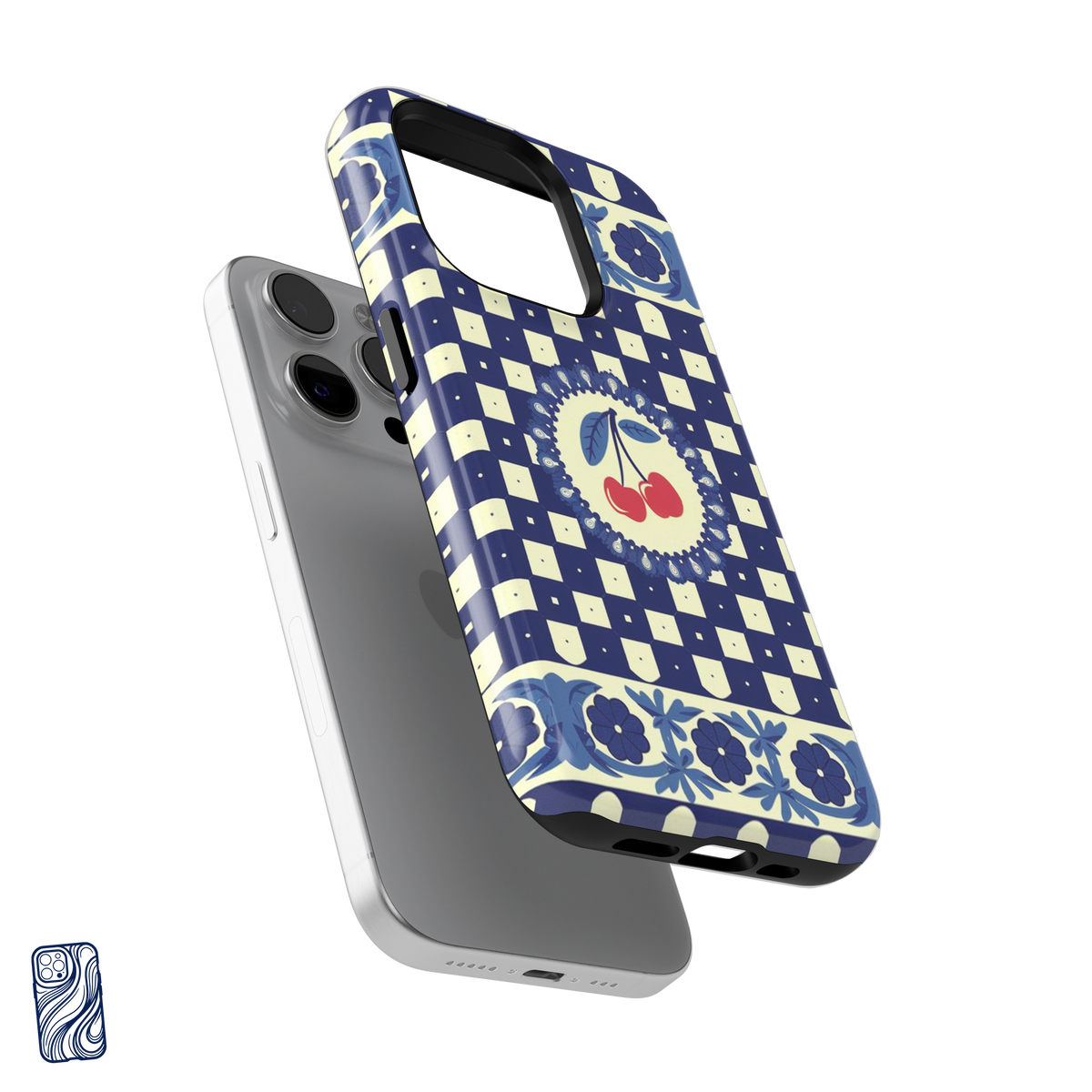 Dolce Cherry Mediterranean Blue premium iPhone case with ivory geometric pattern, floral borders and red cherry artwork by CoverShell.