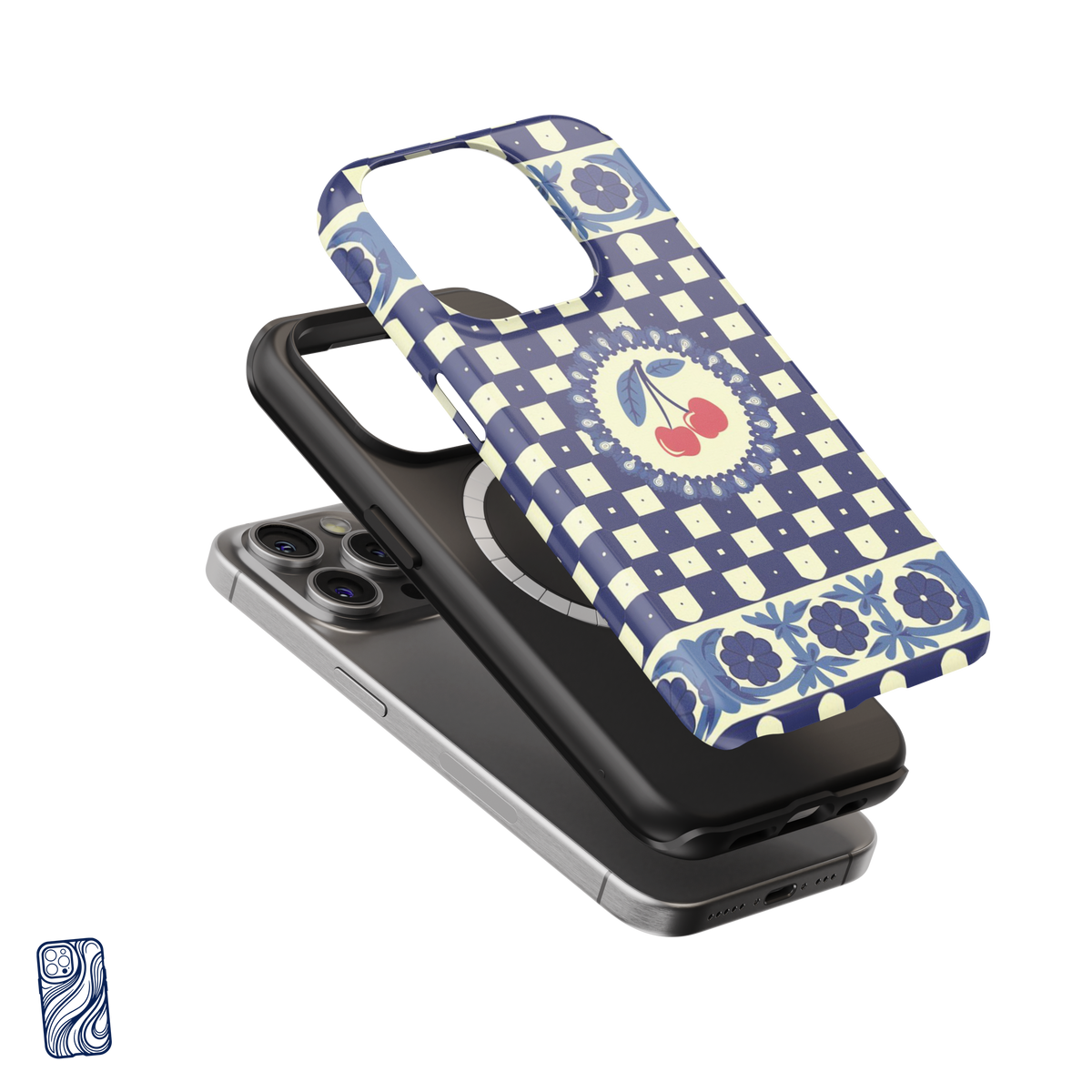 Dolce Cherry Mediterranean Blue premium iPhone case with ivory geometric pattern, floral borders and red cherry artwork by CoverShell.