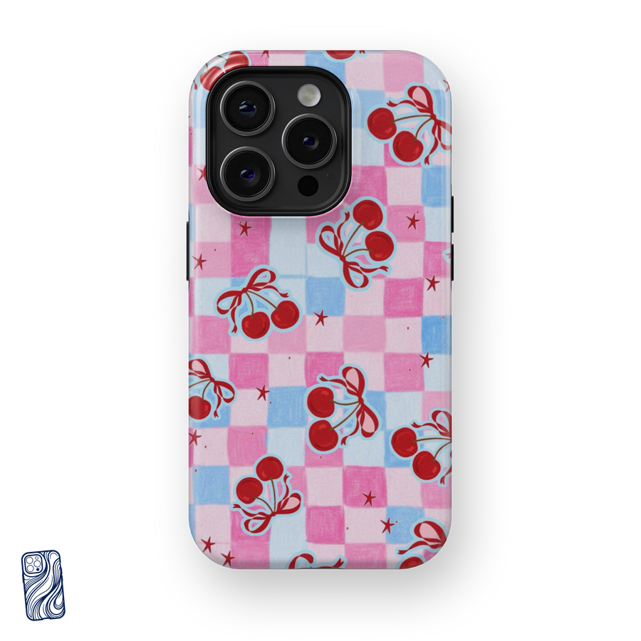 Cherry Pop Baby Blue premium iPhone case featuring red cherries and bows on a pink and blue checkerboard pattern from the CoverShell Dolce Vita Collection.