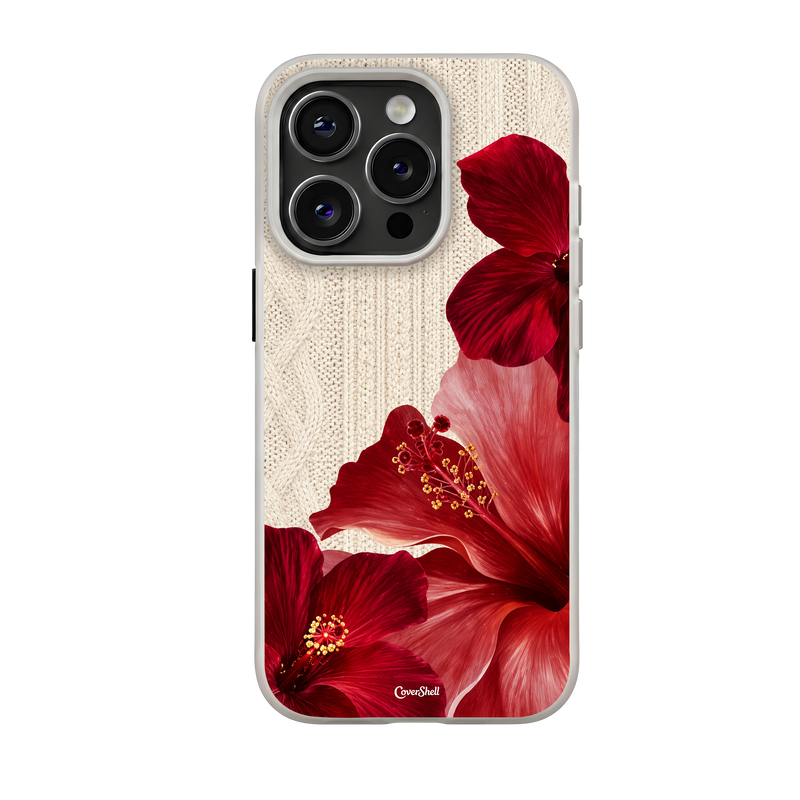 Cozy Romance premium iPhone case with burgundy and blush-pink hibiscus flowers on an ivory knitted-texture print — CoverShell.