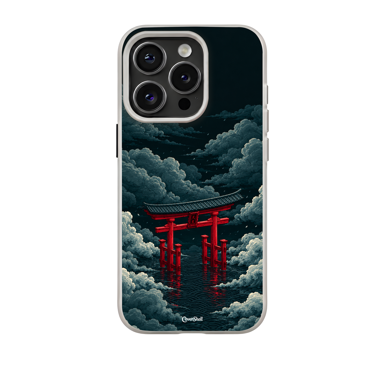 Crimson Gateway premium iPhone case by CoverShell, featuring a vivid red Japanese-inspired torii gate surrounded by dramatic midnight teal clouds and dark reflective water.