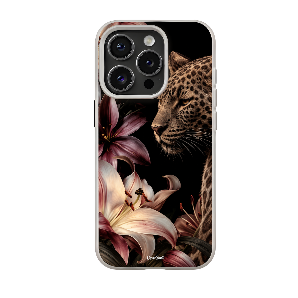 Fierce Romance premium iPhone case by CoverShell featuring a leopard surrounded by ivory, pink and mauve lilies on a black background, front view.
