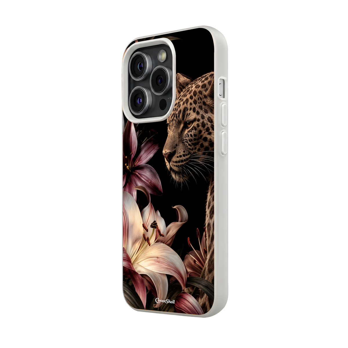 Angled view of CoverShell Fierce Romance iPhone case showing detailed leopard artwork, romantic lilies, a dark background and light-colored protective edges.