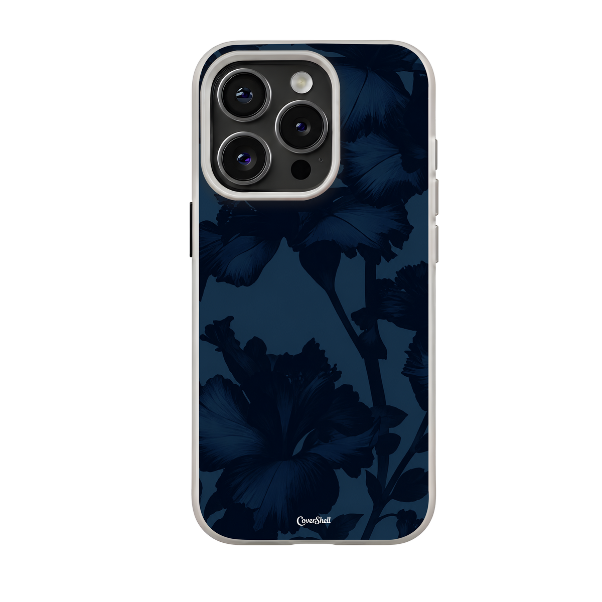 Midnight Bloom premium iPhone case featuring deep navy-blue hibiscus flowers on a dark monochromatic background with a light-colored bumper — CoverShell.