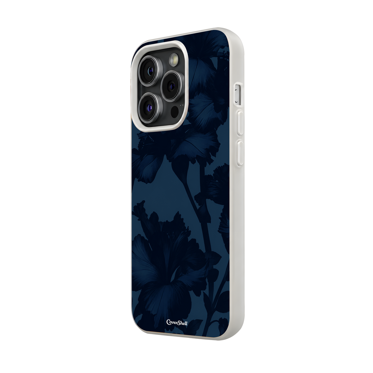 Angled view of Midnight Bloom iPhone case showing layered midnight-blue floral artwork, subtle tonal contrast and a light-colored protective bumper.