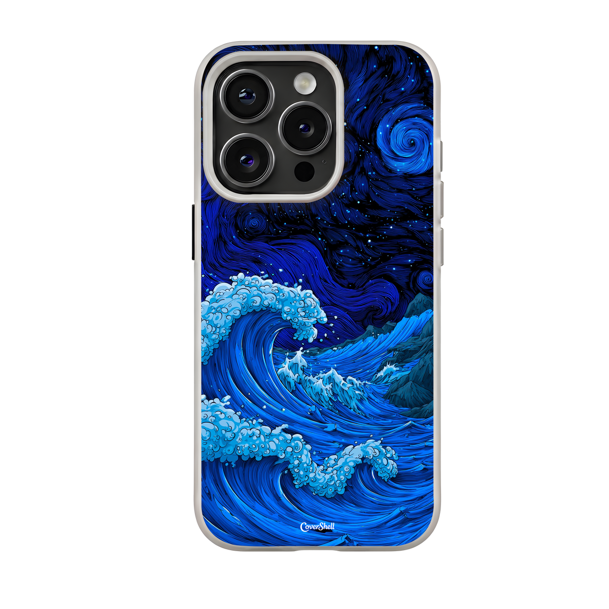 Midnight Current premium iPhone case by CoverShell featuring vibrant electric blue Japanese-inspired ocean waves, white seafoam, and swirling celestial patterns against a dark starry sky.