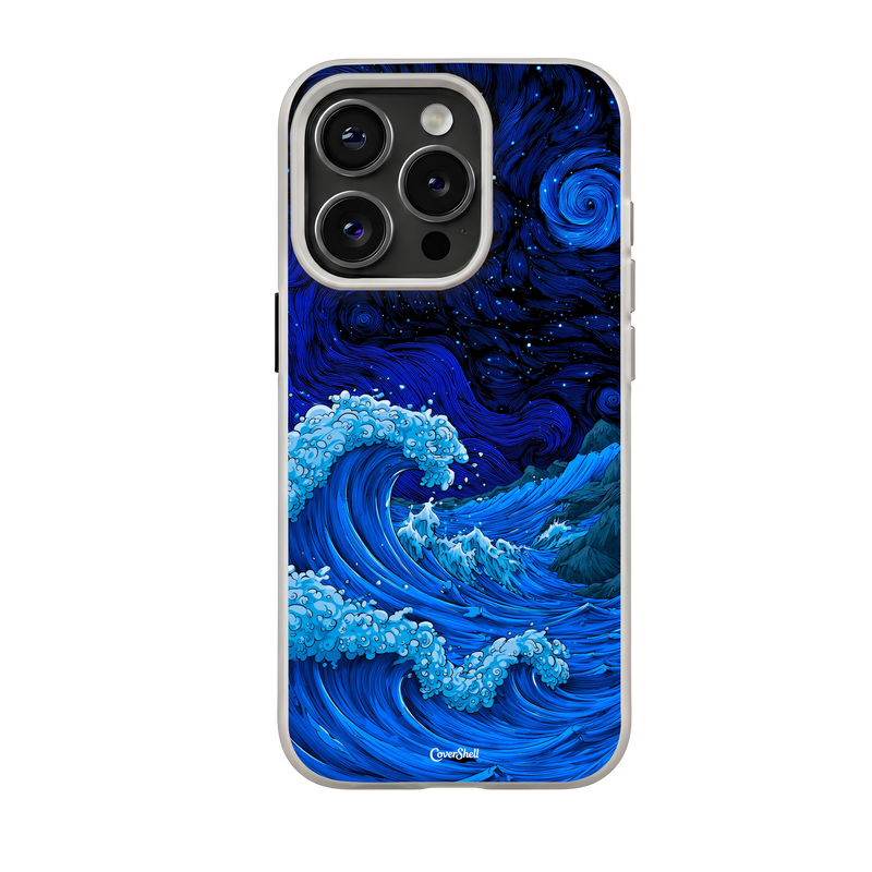 Midnight Current premium iPhone case by CoverShell featuring vibrant electric blue Japanese-inspired ocean waves, white seafoam, and swirling celestial patterns against a dark starry sky.