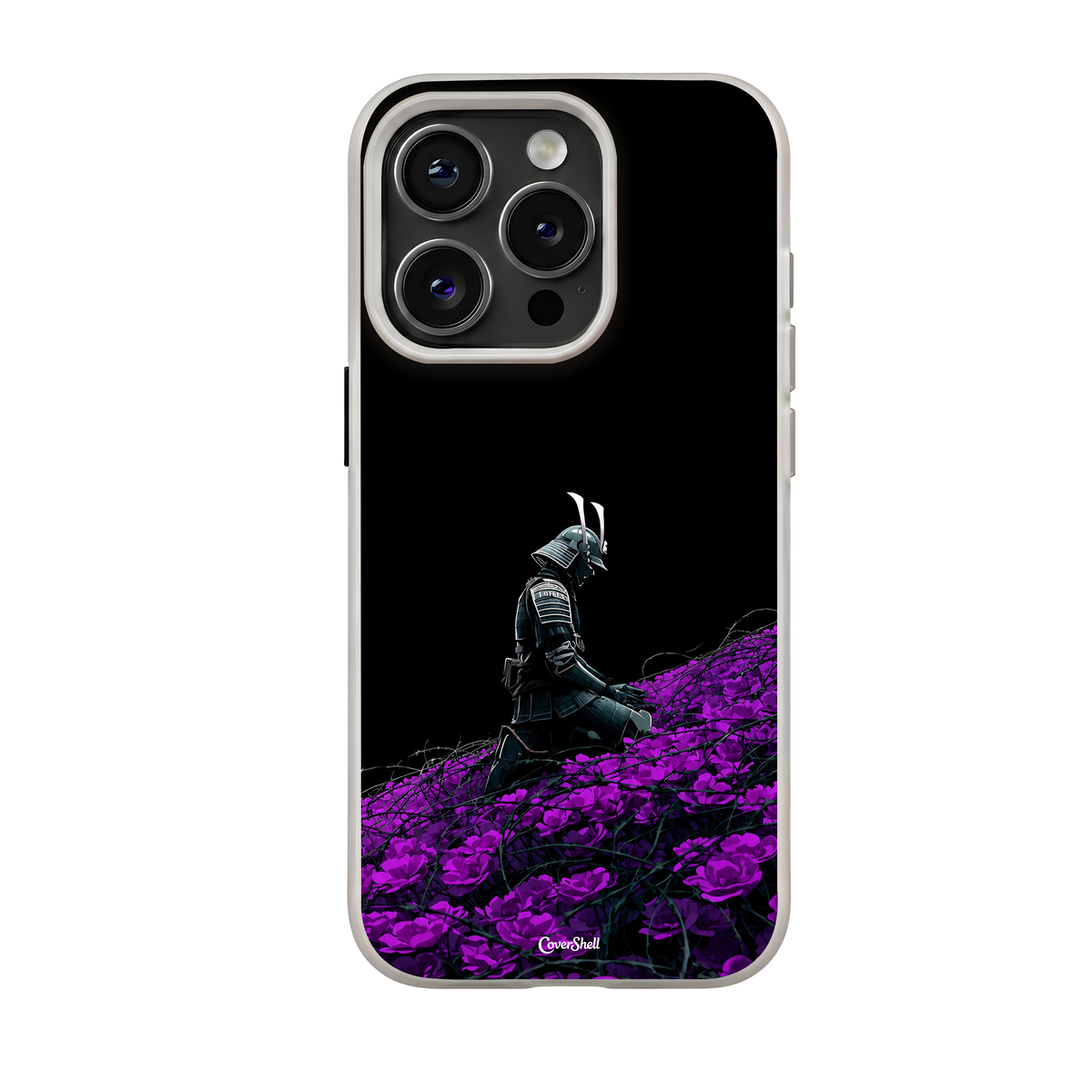 The Last Samurai premium iPhone case by CoverShell featuring a solitary Japanese samurai in dark traditional armor seated among vibrant purple flowers against a deep black background, with a minimalist cinematic composition.