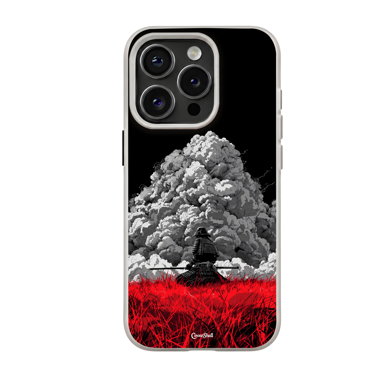 Unbroken Spirit premium iPhone case by CoverShell featuring a Japanese samurai in dark traditional armor facing towering grey clouds, surrounded by vibrant crimson-red grass against a deep black background.