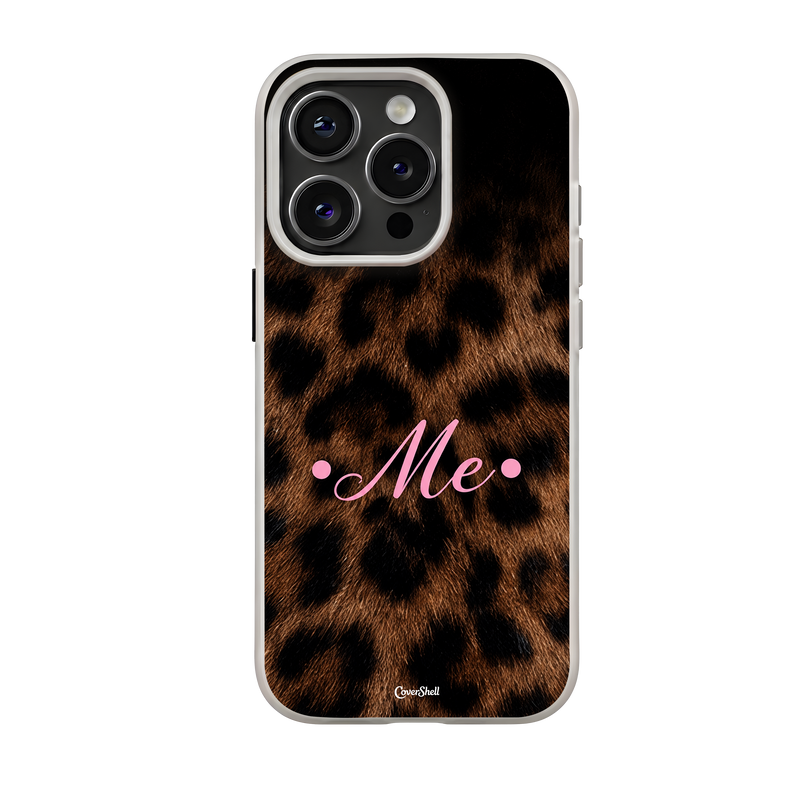 Wild About Me premium iPhone case featuring realistic brown-and-black leopard print, centered pink Me lettering and a light-colored bumper — CoverShell.
