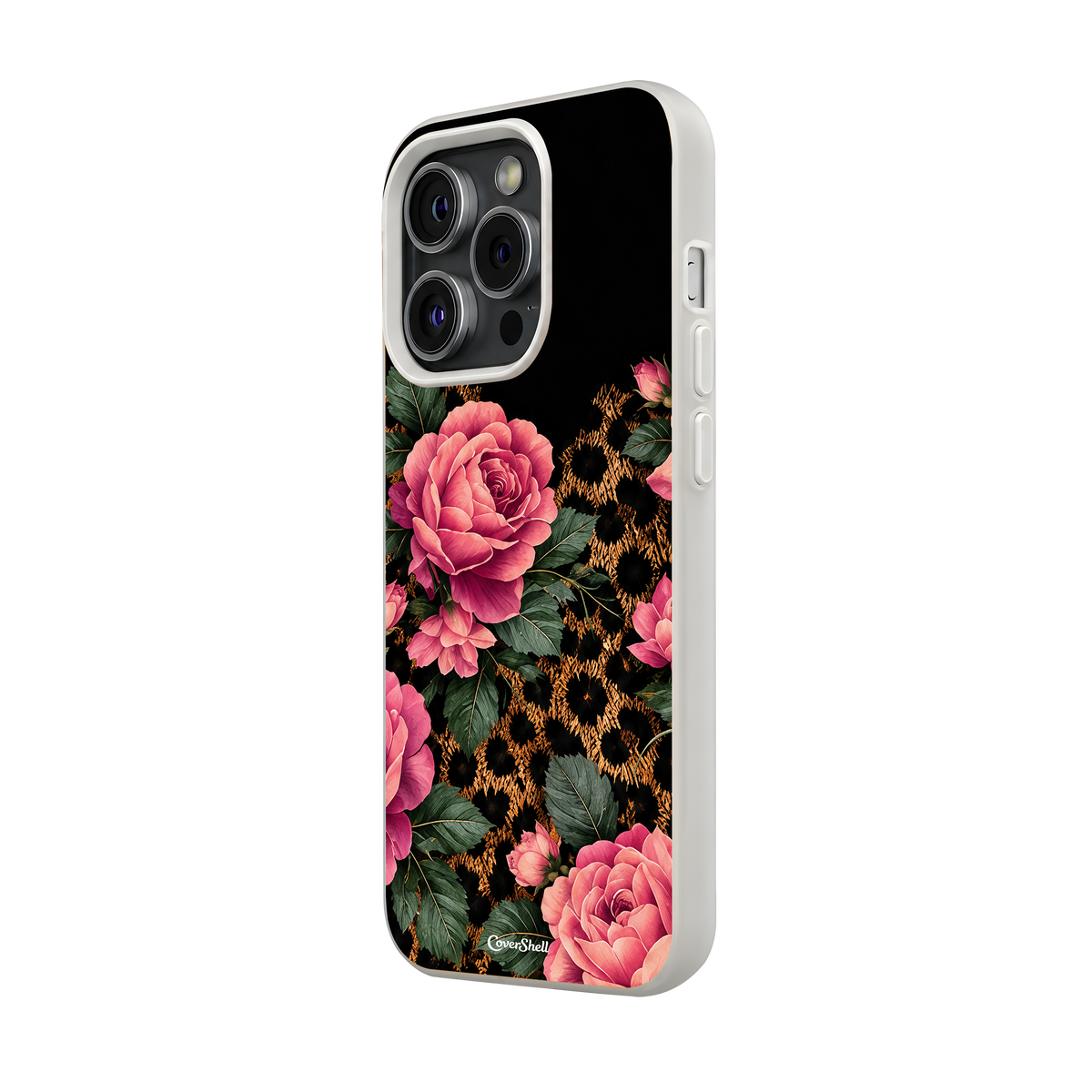 Angled view of CoverShell Wild Roses iPhone case showing romantic pink flowers, golden animal-inspired print and light-colored protective edges.